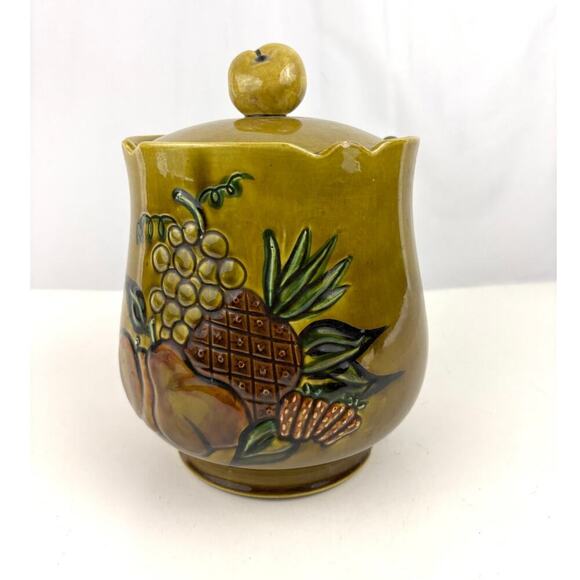 California Pottery Cookie Jar 2004 Mustard Yellow Embossed Fruit VTG Kitchen - Picture 10 of 16